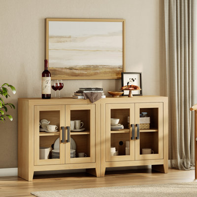 Sideboard Buffet Cabinet, 62" Large Sideboard, Kitchen Cabinet With Glass Door And Adjustable Shelf, Modern Farmhouse Wood Coffee Bar Table For Kitchen, Dining Room, Living Room