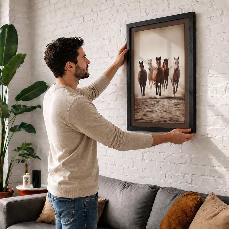 Horses in Mist Coastal - Framed Print, Black, A3 - 42.0 x 29.7 cm
