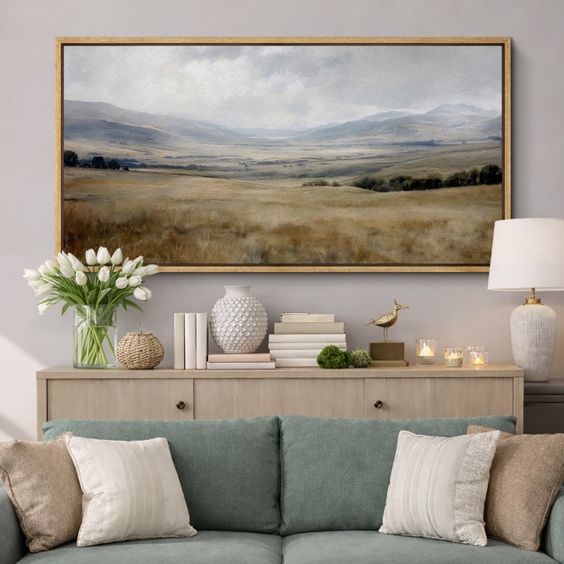 Rustic Green Tan Prairie Field Artwork, Vast Landscape Wall Pictures, Giclee Canvas Digital Print Extra Large Framed Wall Art
