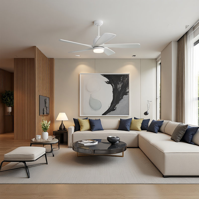  52 in. Integrated LED Indoor Downrod Mount White Solid Wood Blades Standard Ceiling Fan with Dimmable Light, Remote, White