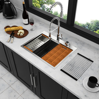 28 Inch Stainless Steel Workstation Sink - 16 Gauge Drop-In Silent Water Flow Function With Extras 28" Kitchen Space Saver Freebies