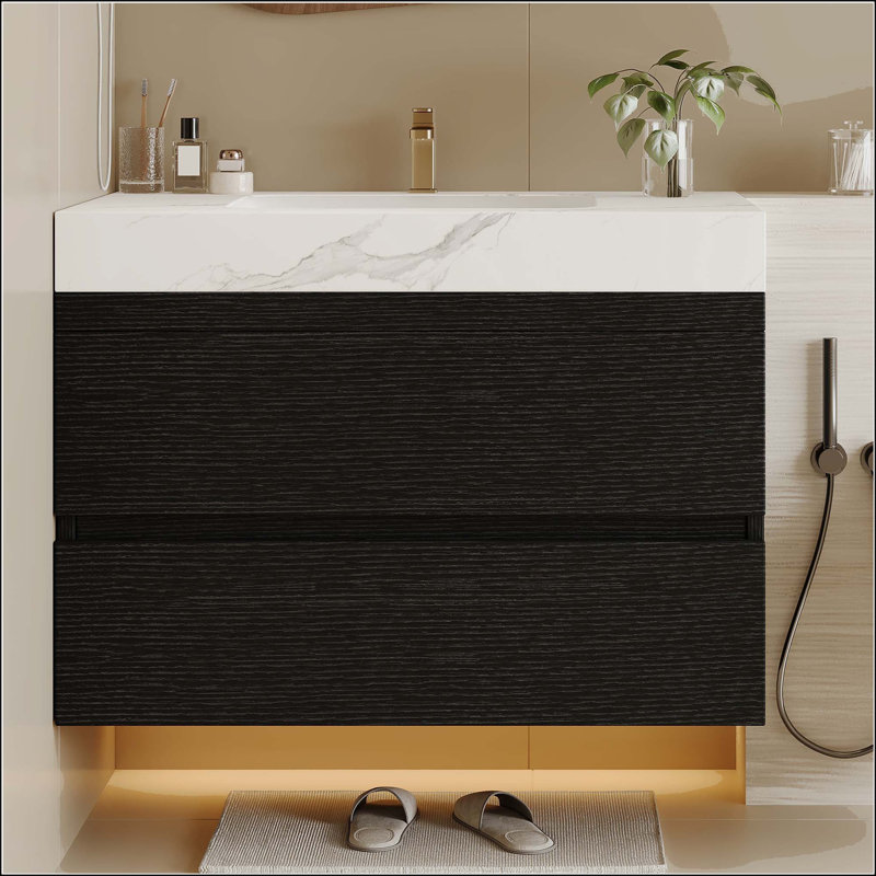Meuble-lavabo mural 29,9 po avec plateau en faux marbre et tiroirs, Black, White