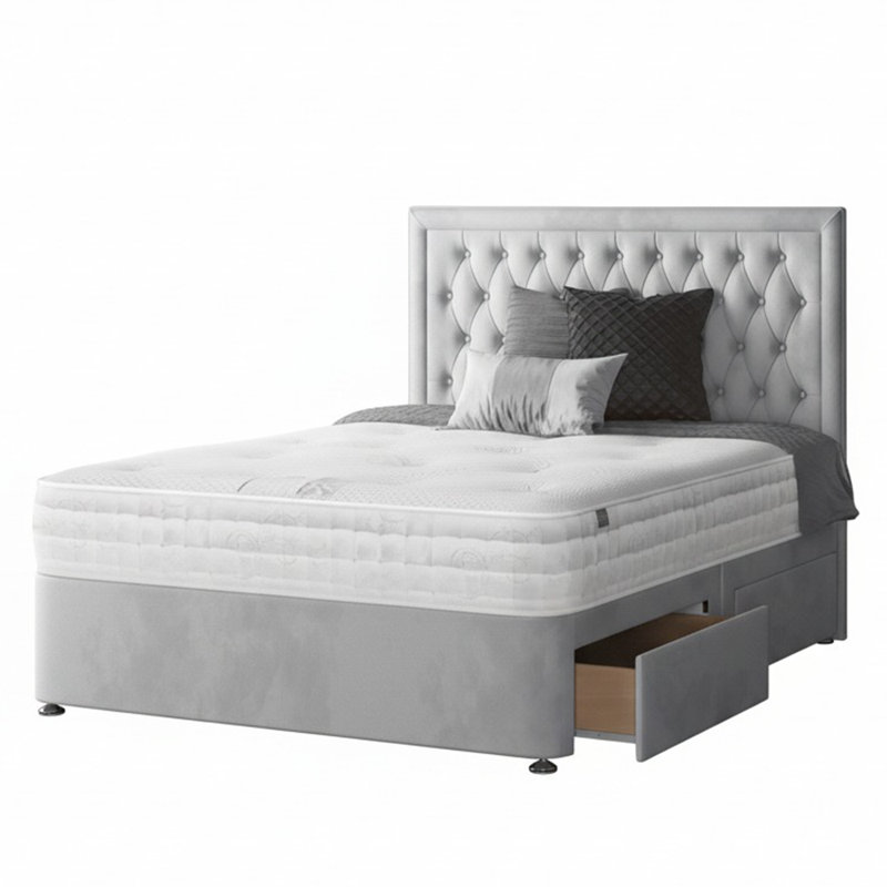 Gallego Upholstered UK Super King - DE 180 X 200 Cm Divan Bed, Double (4'6), Silver, 4 Drawers