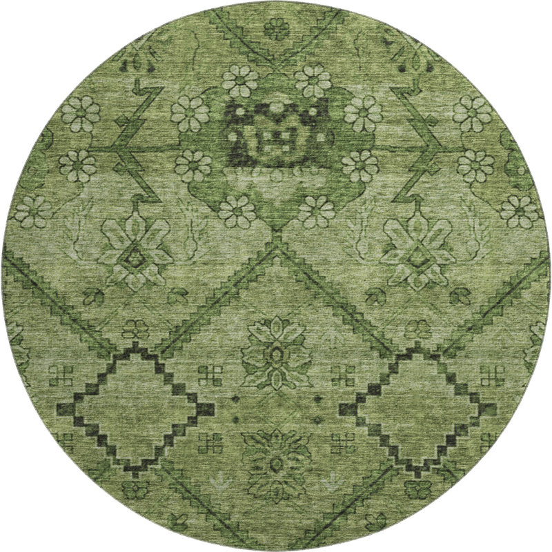 Premium Machine Washable Prisco Olive Rug, Round 8'