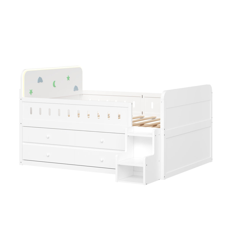 Bed With Led Light And 4 Drawers, White