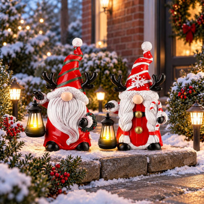 2-Piece 9.4" Solar Christmas Gnome Statues with LED Lanterns