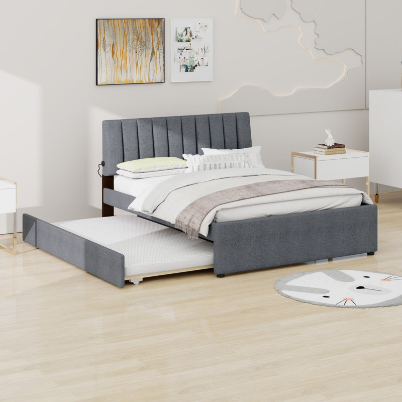 Lit plateforme tapissier avec lit gigogne, Gris