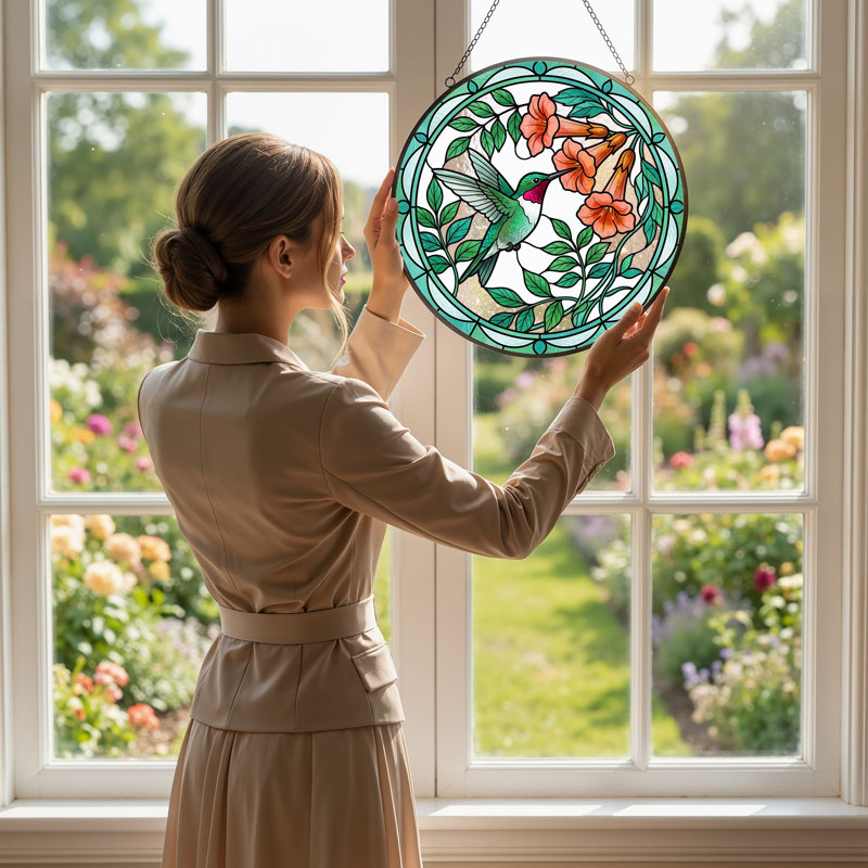 Vitrail de vitrail Hummingbird Floral - 7,8 H, 7.8"H