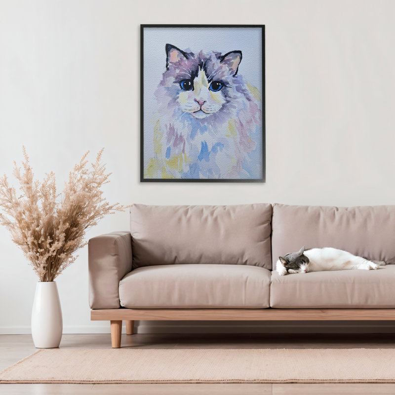 «Pastel Cat» aux yeux bleus, estampe numérique, conception de Tatiana Roberts, Giclée encadrée noir minuit, H 30 po x l 24 po