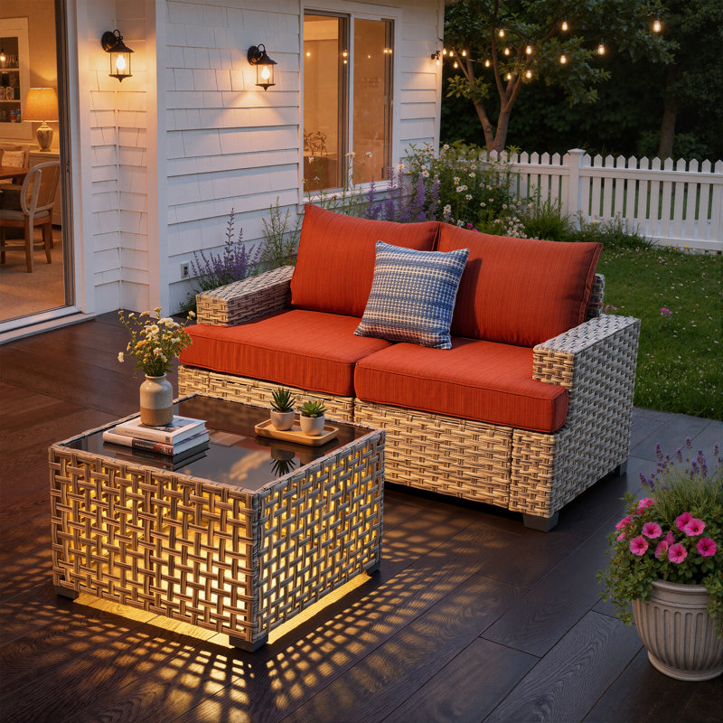 Ensemble de canapé modulaire d'extérieur en osier 3 pièces avec table basse et coussins Wahkon, Orange Red