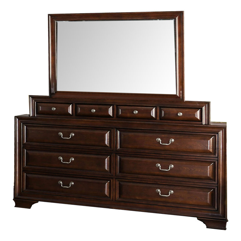 Ensemble de chambre à coucher très grand lit quatre pièces Lio, motif incrusté de bois brun cerise, poignées en métal argenté