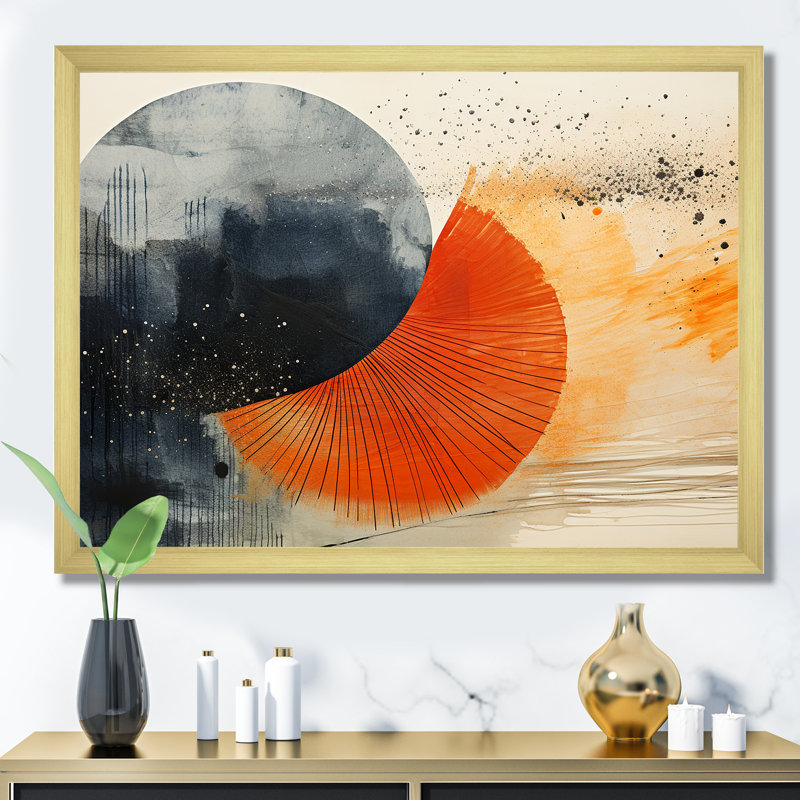 Black And Orange Solar Eclipse - Abstract Wall Art Print, Gold Closed Corner Frame, 12" H x 20" W x 1" D