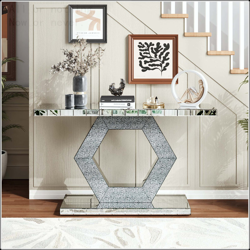 Table d'entrée pleine grandeur à miroir, Base hexagonale en cristal scintillant