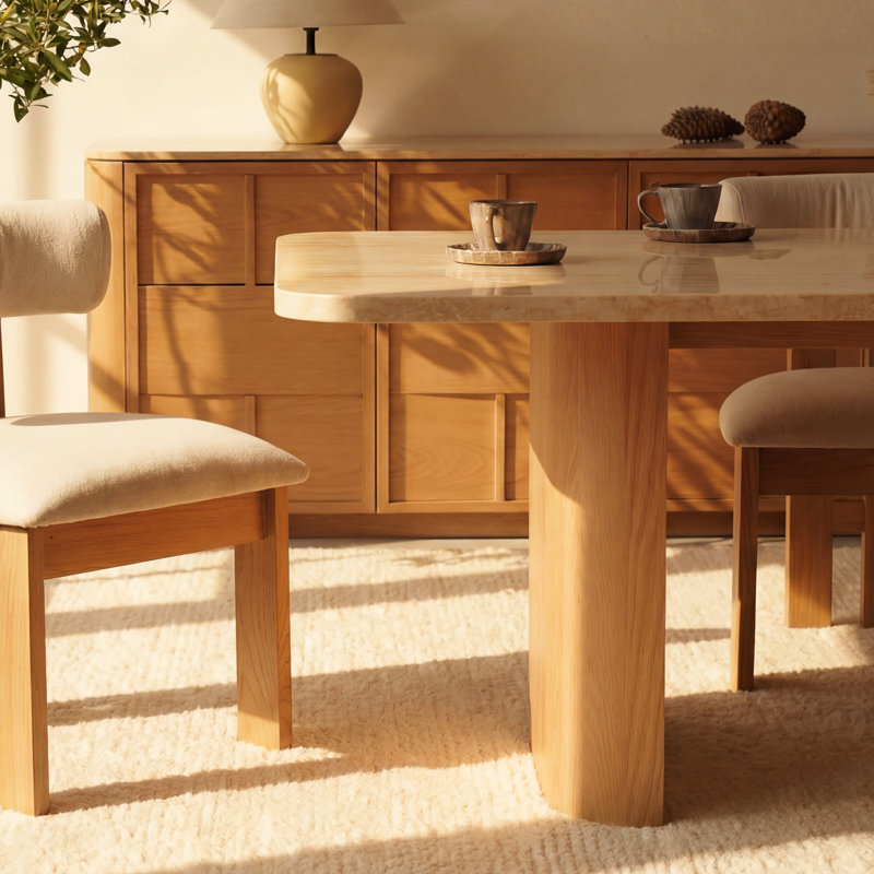 Ovelo 96" Travertine Dining Table with Oak Double Pedestal Base, Large Rectangular Kitchen Table - Natural