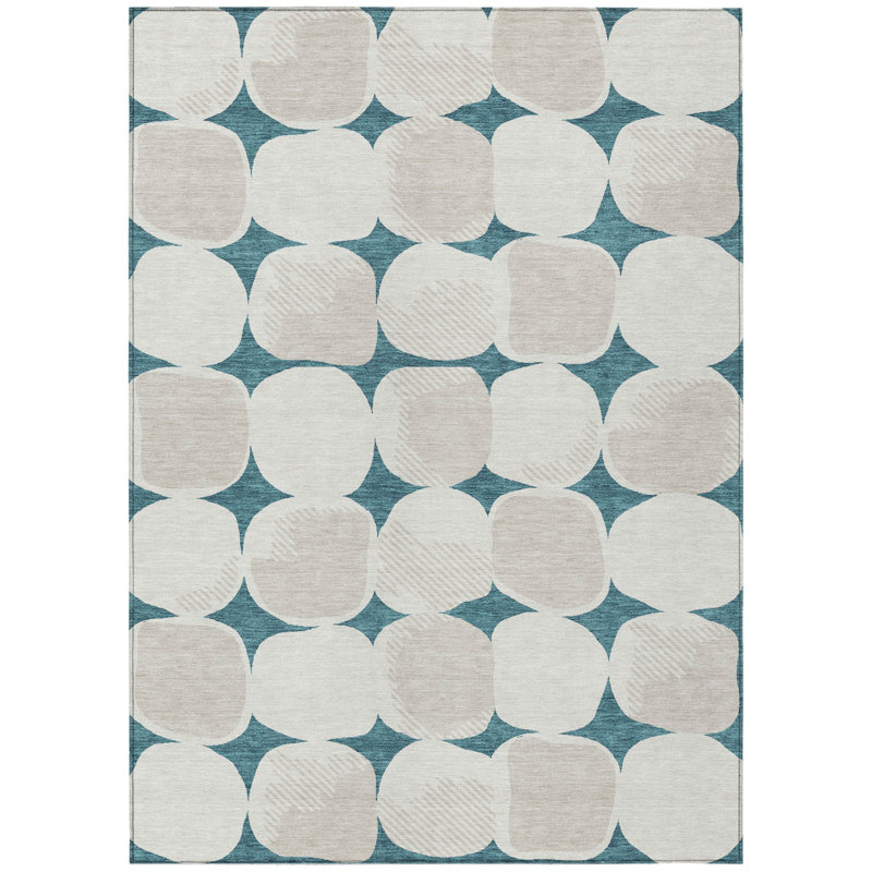 Tapis d'extérieur lavable abstrait bleu sarcelle 8 pi x 10 pi bleu sarcelle et ivoire