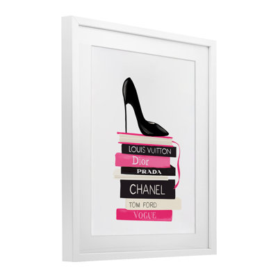 Black Stiletto on Books Framed Print Under Glass, design by Cherrywood Lane