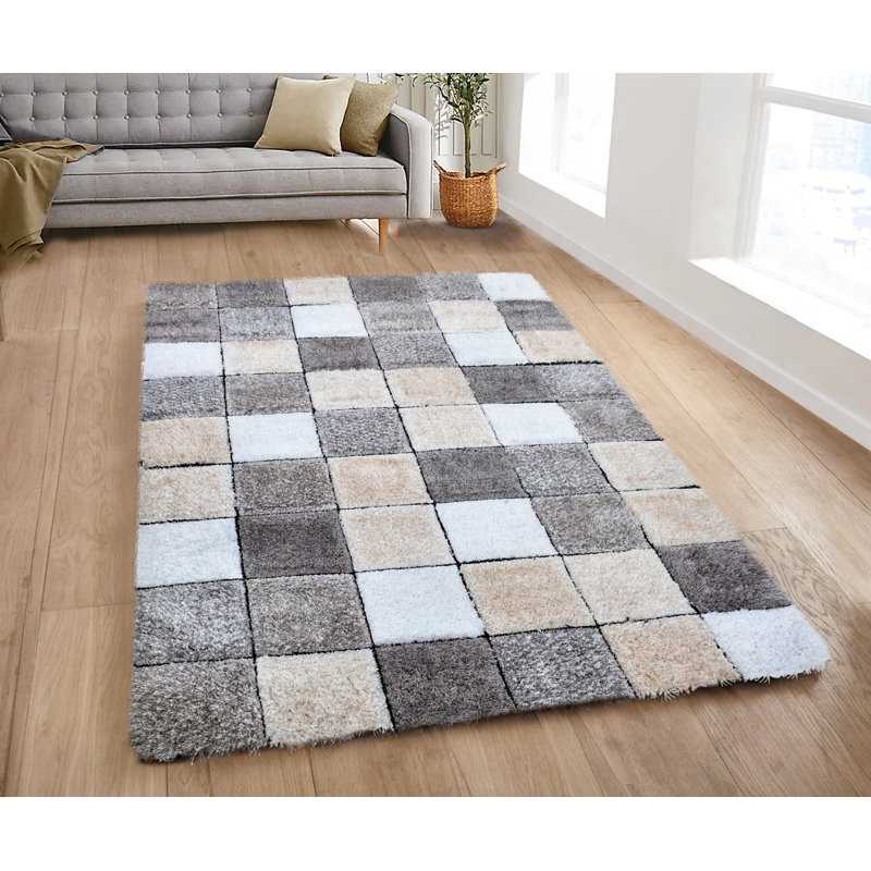 Shaggy Blocks High Pile Rug - Beige, Rectangle 60 x 110 cm