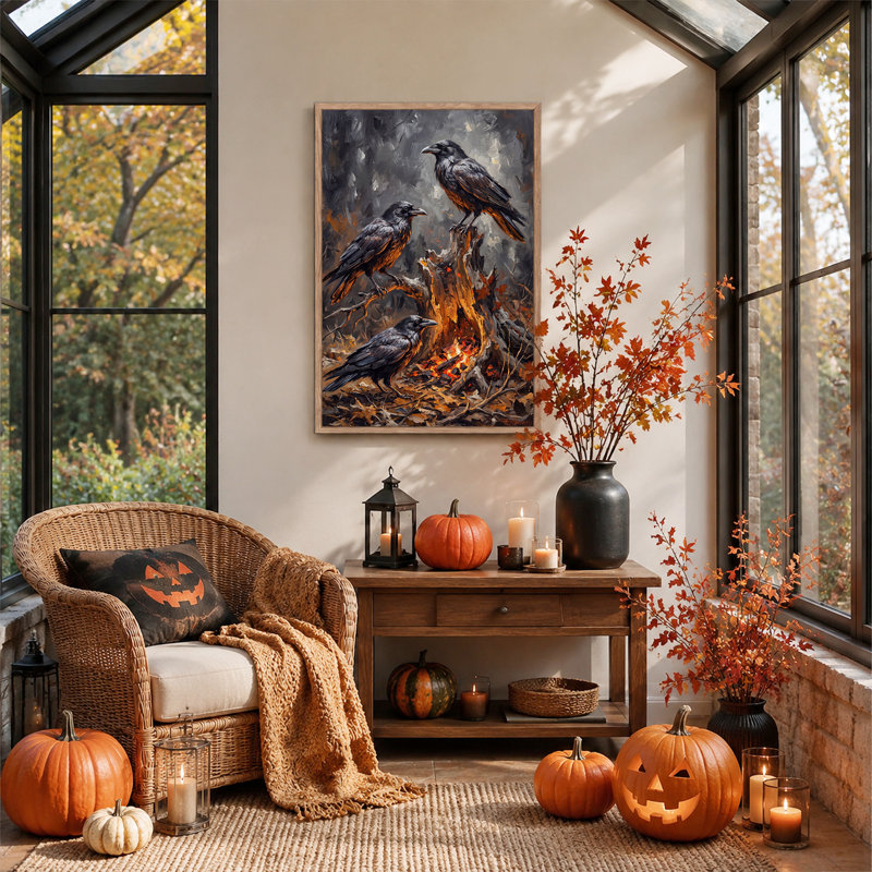 Trois corbeaux perchés sur une souche brûlante, art mural d'Halloween, 48"H x 36"W