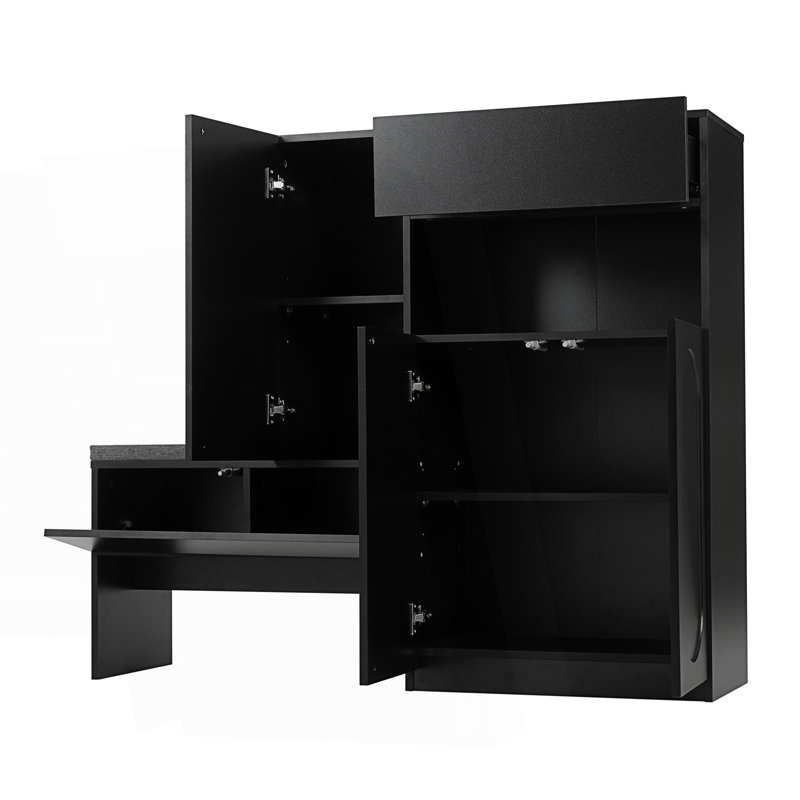 Elegant 2-In-1 Shoe Cabinet With Soft Cushion, Modern Storage Bench With Arched Doors, Accent Cabinet, Black