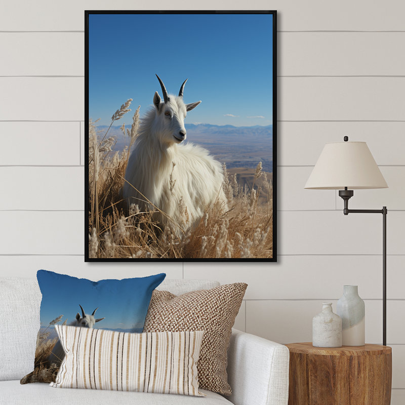 Art mural blanc chèvre solitaire blanc, Cadre flottant noir, 32" H x 16" W