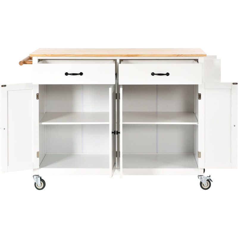 Solid Wood Top Kitchen Island Cart In White, 4 Door Cabinet With Space Shelves, 2 Drawers, Spice & Towel Rack, Locking Wheels Adjustable