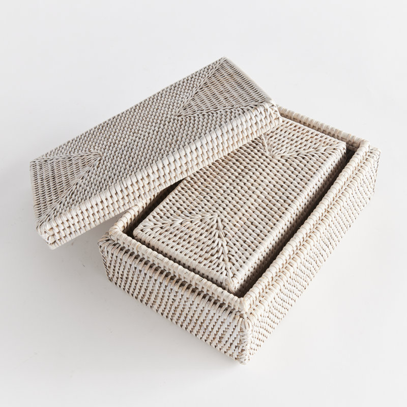 Burma Rattan Rectangular Lidded Boxes, White
