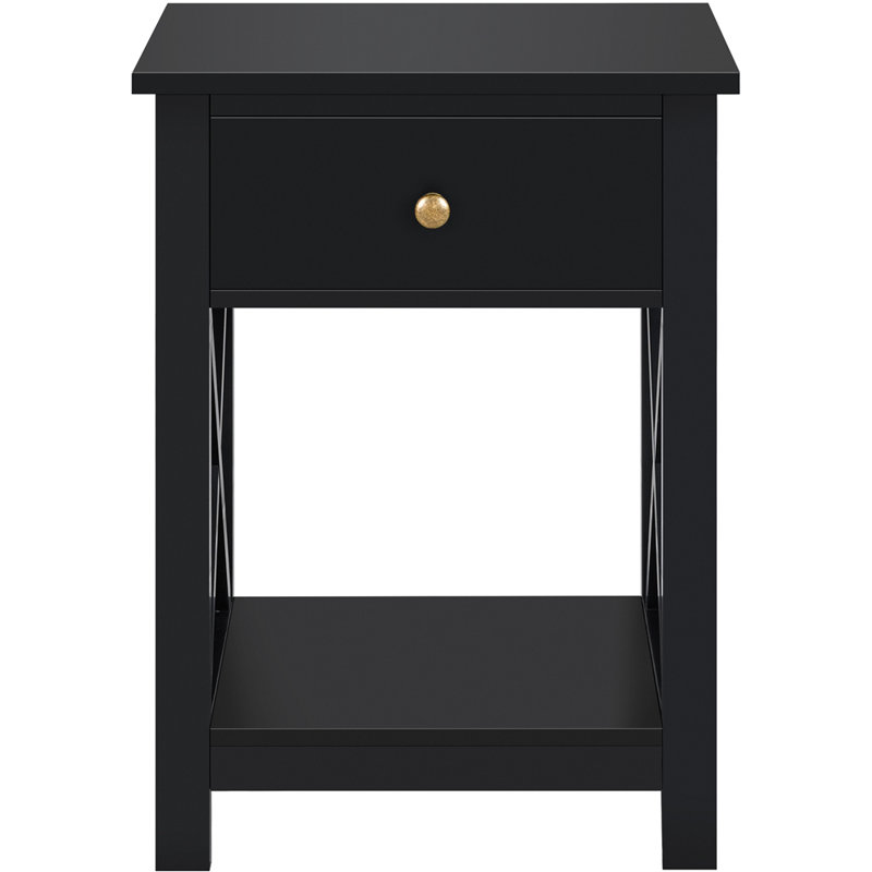1 Drawer Bedside Table with X-Shape Frame, Black