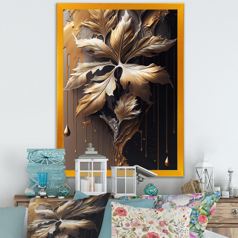 «Gold Abstract Leaves I», reproduction sur toile, H 44 po x l 34 po x P 1,5 po, Toile encadrée dorée avec coins fermés