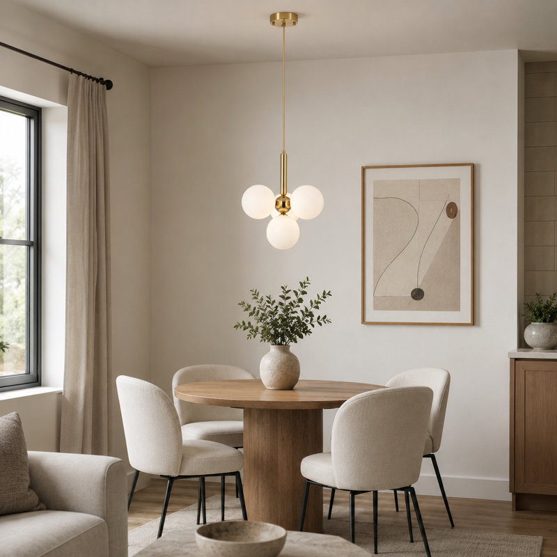 4 - Light Modern Sputnik Globe Chandelier with Opal Glass Shades, Adjustable Height