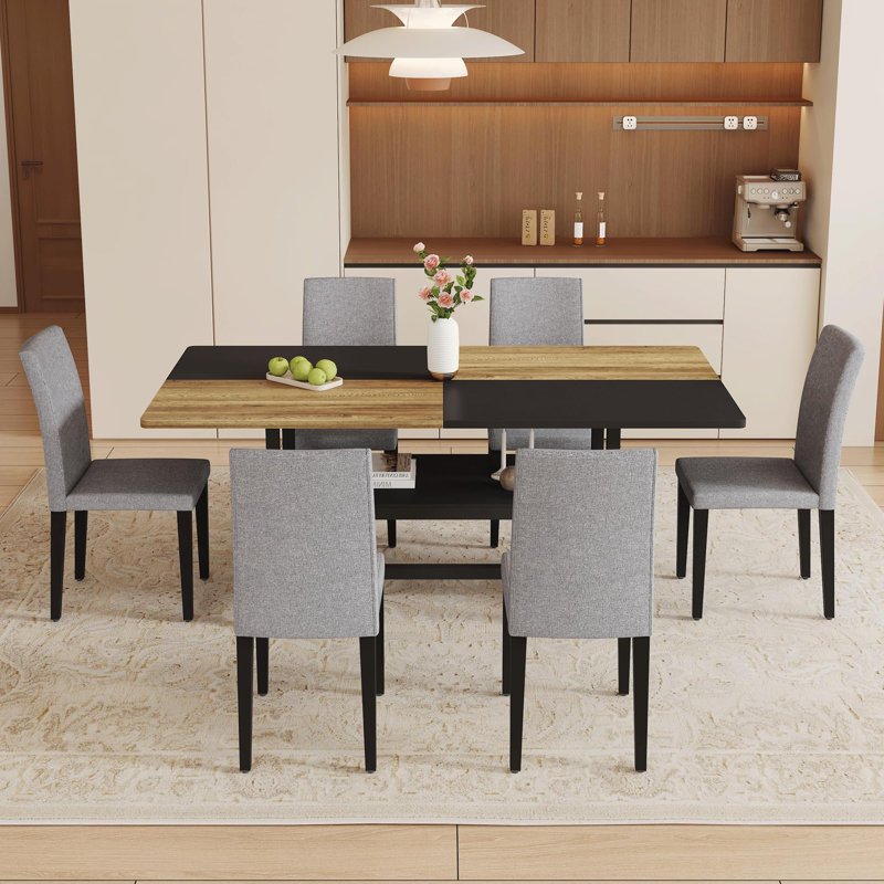 Rectangular Dining Table Set For 6, 71" Farmhouse Dining Table Set With 6 Upholstered Chairs And Storage Shelf, Wooden Tabletop With Metal Frame, Black/Wood Split-Colour