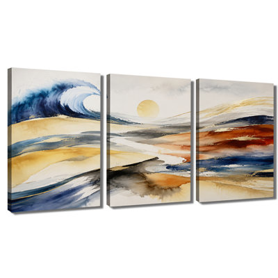 3 panneaux muraux abstraits Golden Wave Sunset, impression sur toile tendue à l'aquarelle