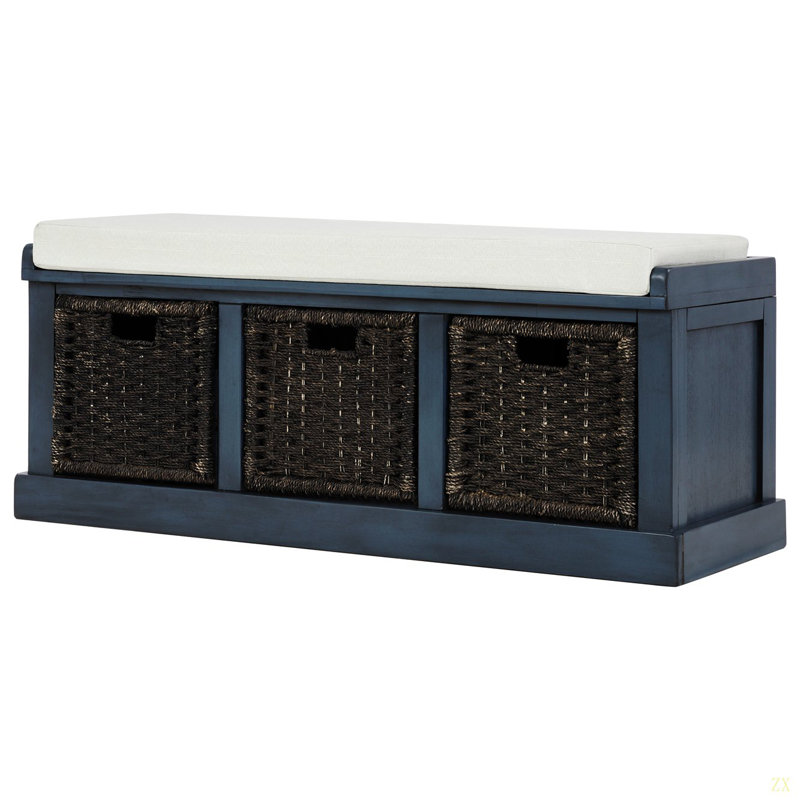 Banc de rangement rustique avec 3 paniers en rotin classiques amovibles, banc d'entrée avec coussin amovible, Marine antique