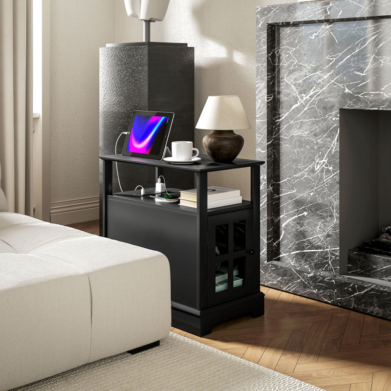 Table d'appoint avec station de charge, ports USB, Noir, noir, noir, noir