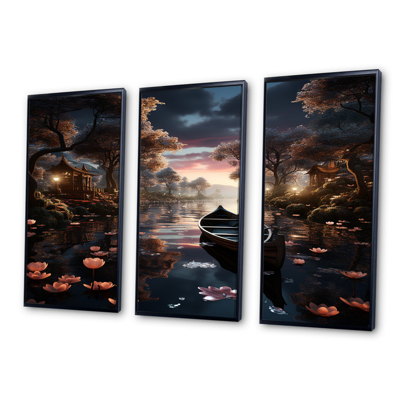 «Dinghy Floating On Misty Magic Lotus Pond», ensemble de reproductions d'art mural, Cadre flottant noir