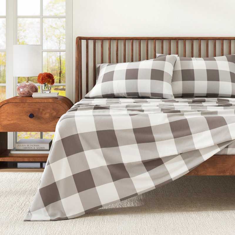 Ensemble de draps 100% flanelle de coton, Très grand californien avec deux taies d'oreiller, Gros carreaux - gris