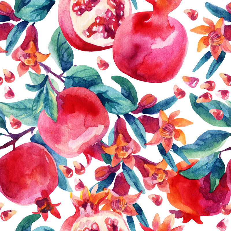 Lisabet aquarelle grenade fleurie par Tanya Syrytsyna, H 12 po x l 12 po
