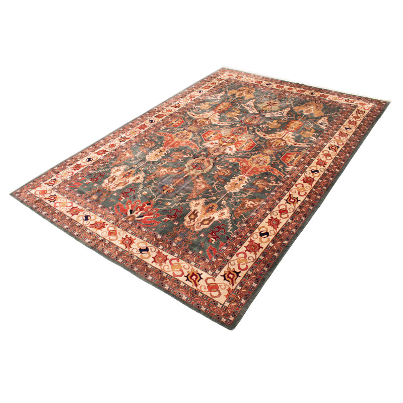 Tapis unique nouvel âge noué à la main 12 pi x 17 pi 8 po Marlana en bleu sarcelle / crème / cuivre foncé
