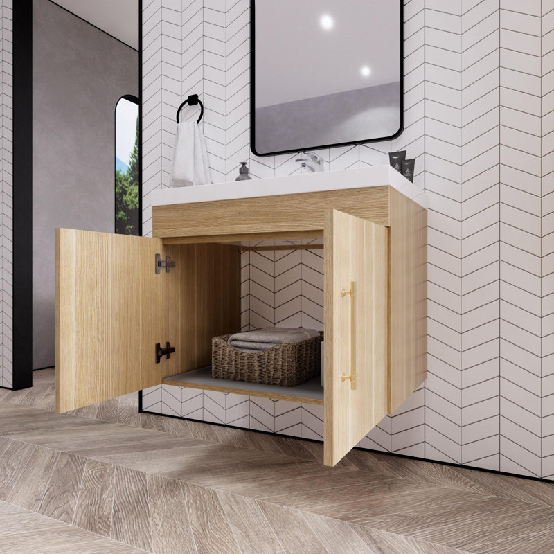 Foushee 29.53'' Single Bathroom Vanity with Acrylic Top, Champagne Oak, 30"
