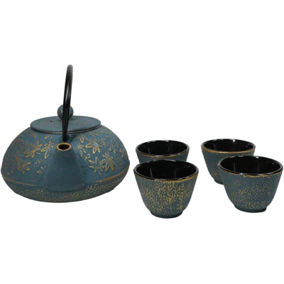 Ensemble de théière en fonte bleu Tetsubin avec 4 tasses 37 oz