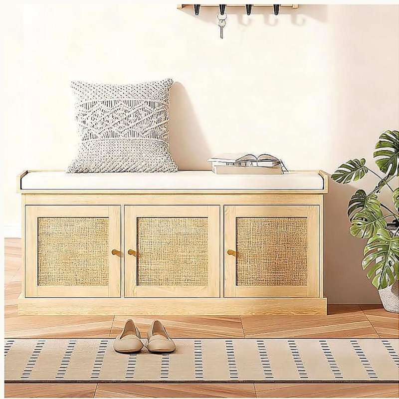 Shoe Storage Bench with Woven Rattan Doors, Shoe Bench, Cream White/Oak
