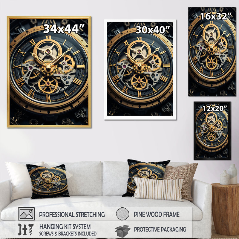 Horloge, heure dévoilée I - impression sur toile tendance, Encadrement doré, H 20 po x l 12 po x P 1 po