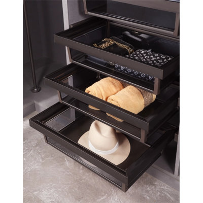 Elevate Your Walk-In Closet: Sleek Glass Drawers, Integrated Pull-Out Pant Rack, And Versatile Storage – Minimalist Luxury Redefined.