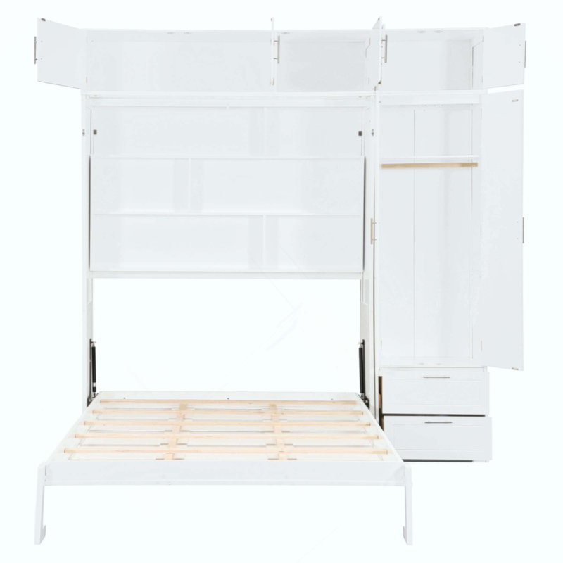 Lit escamotable mural avec armoire supérieure, tablettes et garde-robe, lit pliable peu encombrant, Blanc