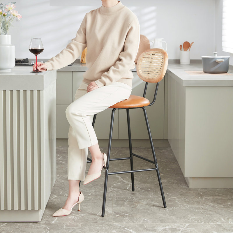 Upholstered Counter Stool with Metal Frame, Light Brown