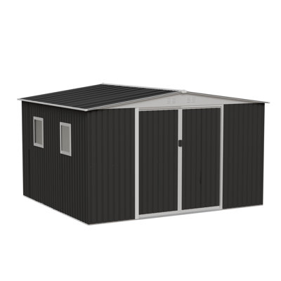 Abri de jardin en métal de 3,65 m x 3 m (12 pi x 10 pi) avec toit à deux pans, porte coulissante et 4 fenêtres, idéal pour terrasse et jardin.