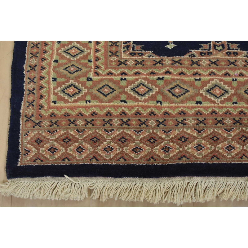 Tapis oriental noué à la main en laine bleu 4 pi 2 po x 6 pi Bokhara Jaldar
