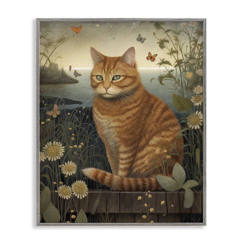 Ax-654-Giclee " Orange Cat By Pond " by LSR Design Studio Painting Print, 14" H x 11" W x 1.5" D