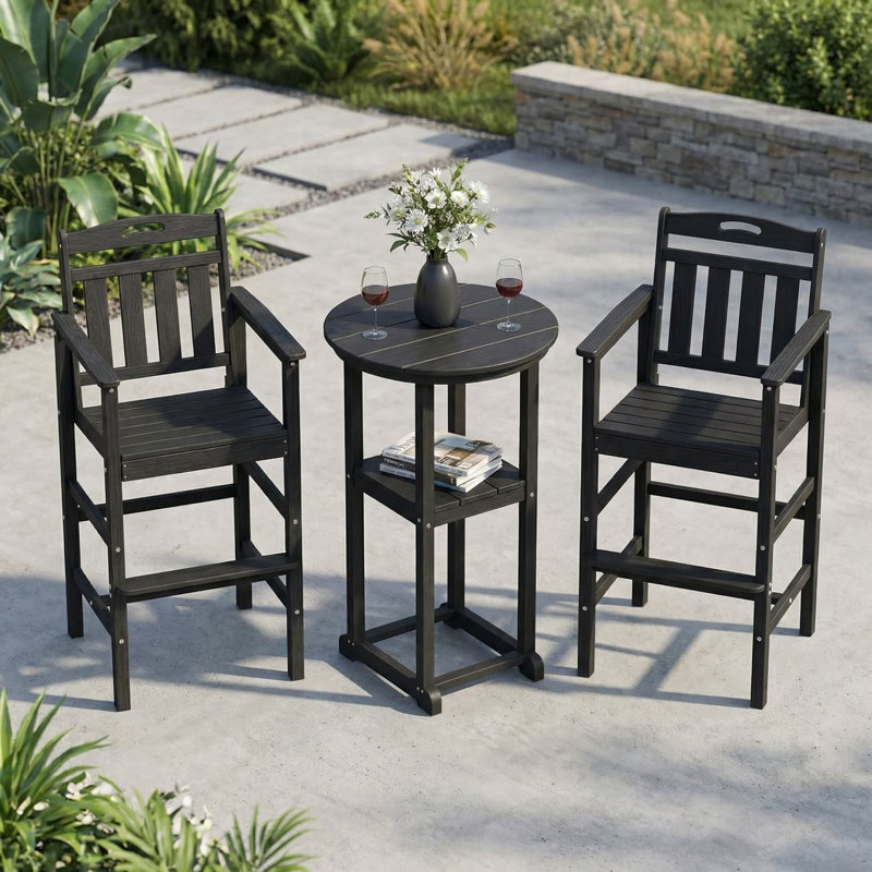 Outdoor HDPE 3-Pieces Patio Bar Sets with Bar Table and Chairs, Black