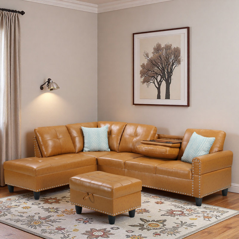 Canapé modulaire en L en similicuir avec garniture cloutée, porte-gobelets et repose-pieds avec rangement