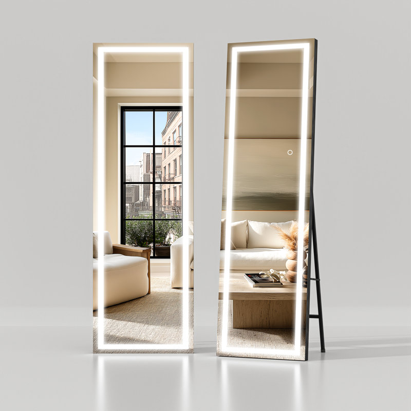 Modern & Contemporary Lighted Full Length Mirror with Temepered Glass & 3 Years Warranty, Matte Black, 66" x 20"